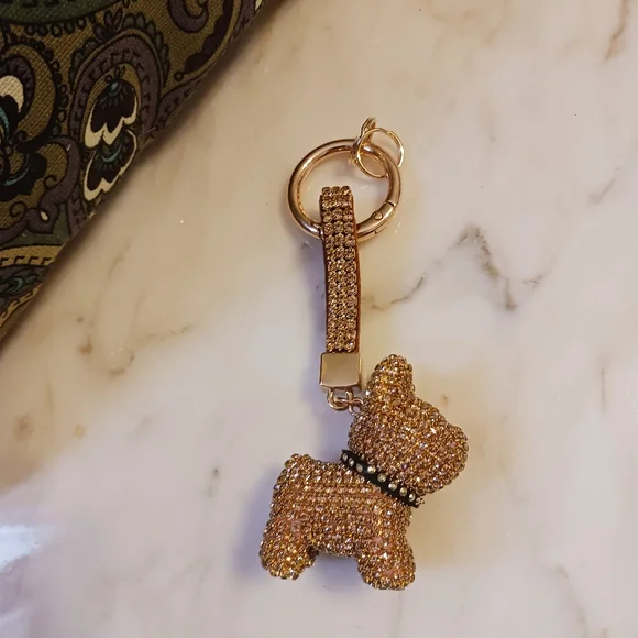 NWOT Gold Rhinestone Dog Bag Charm, Large Sparkly Key Chain - Picture 2 of 9